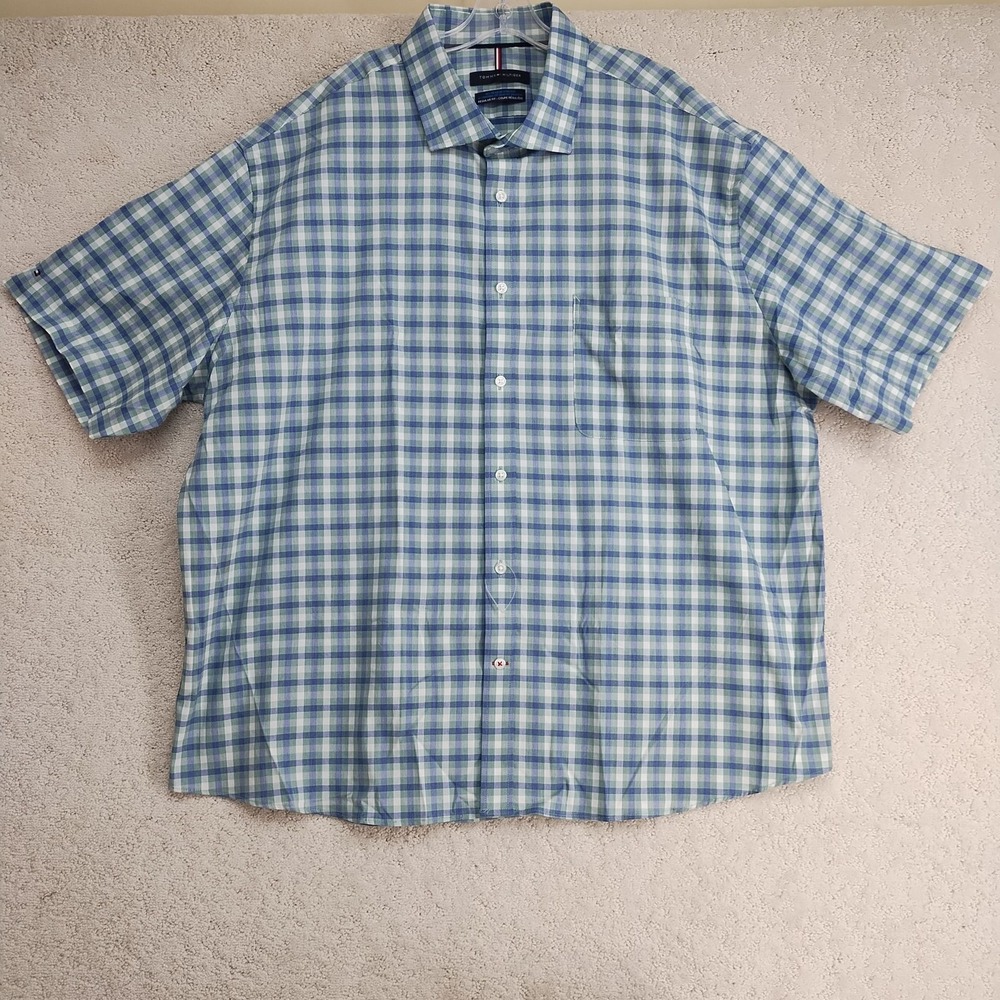 Tommy Hilfiger Shirt Mens 2XL Short Sleeve Button Up Plaid Green Blue Stretch